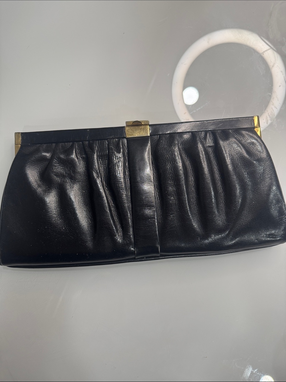 Classic Black Leather Evening Clutch - Gold Trim